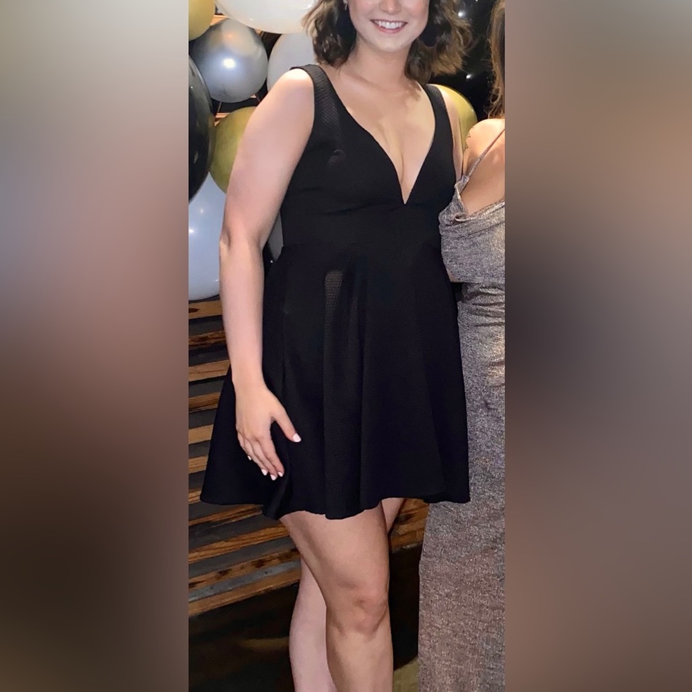 Blue Blush Black Flare Mini Dress with Deep V Plunge Neckline